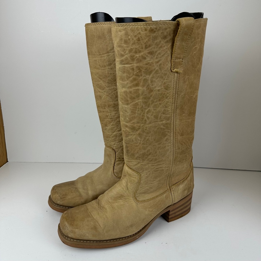 VTG Dingo 7302 Tan Leather Boho Western Boots Women 9.5 M Square Toe Block Heel